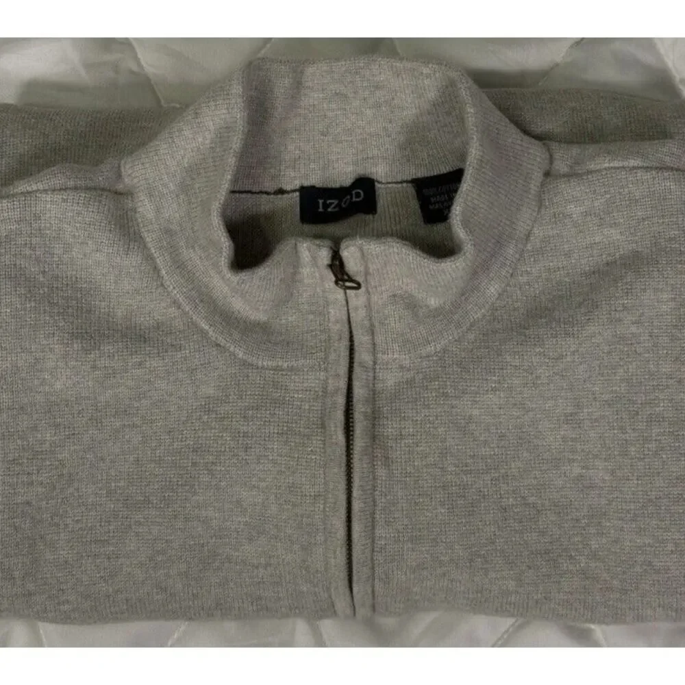 IZOD Mens Mock Neck 1/4 Zip Pullover Sweater XL Grey‎ Cotton Contrast Stitching
